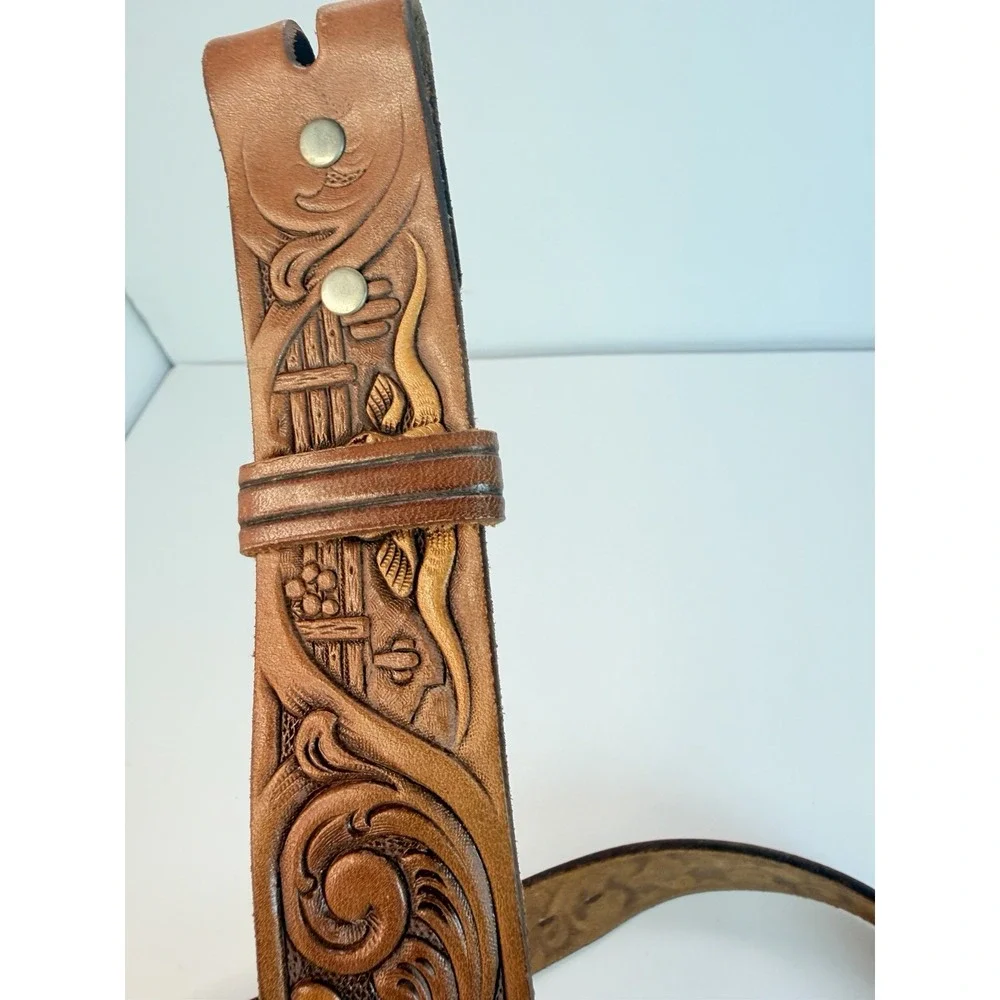 Leather Tooled Belt Hand Painted Steer Floral  Size 36 Vintage Western